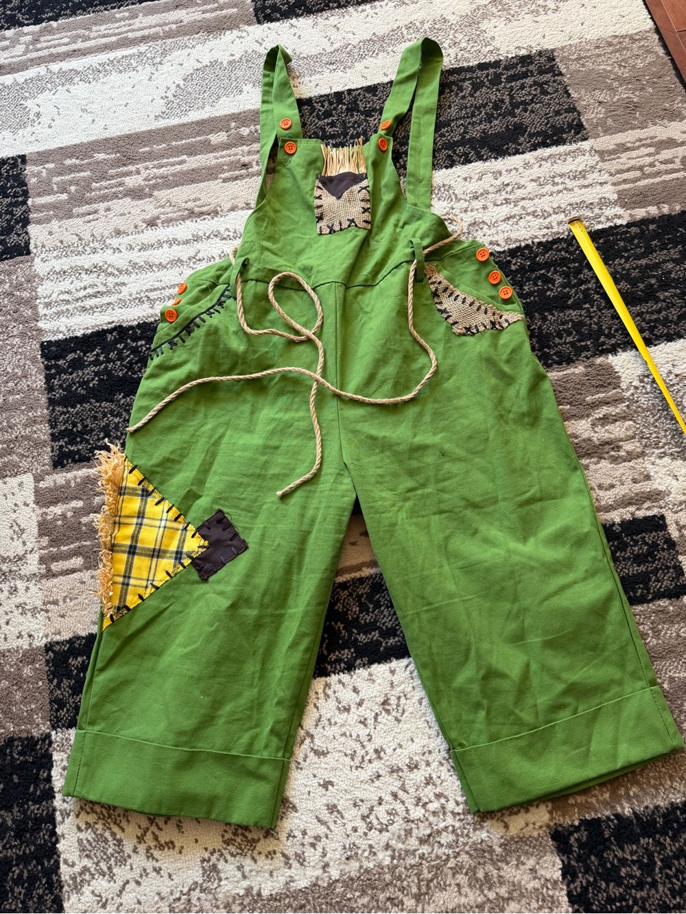 Women’s scarecrow halloween costume Green Cotton Overalls with Patchwork Accents